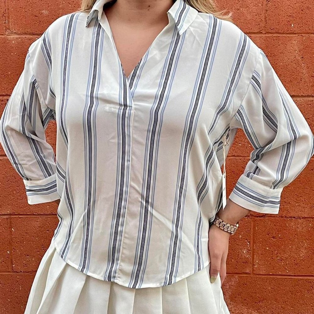 White with blue thin stripes long sleeved blouse